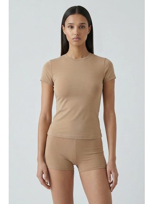 Feu De Elu Cotvie Kahve Pamuklu Bisiklet Yaka T-Shirt