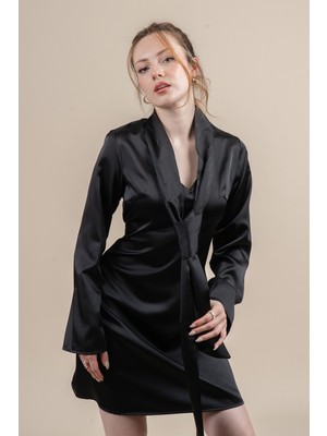 MissVina Saten Fular Detaylı Uzun Kollu Elbise 50360