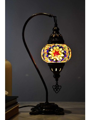 Deveboynu El Yapımı Mozaik Abajur Masa Lambası 42 cm Pirinç Gövde E14 Duy Dekoratif Otantik Vintage Aydınlatma