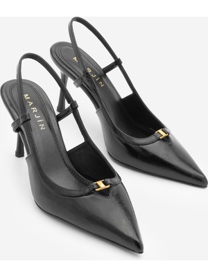 Marjin Kadın Stiletto Sivri Burun Arkası Açık Atkılı Tokalı Ince Klasik Topuklu Ayakkabı Osenta Siyah