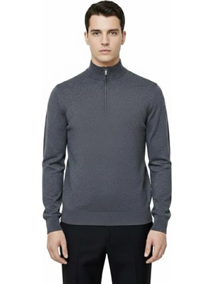 Sabri Özel Antrasit Regular Fit Pamuk Karışımlı Fermuarlı Yarım Balıkçı Yaka Triko Kazak