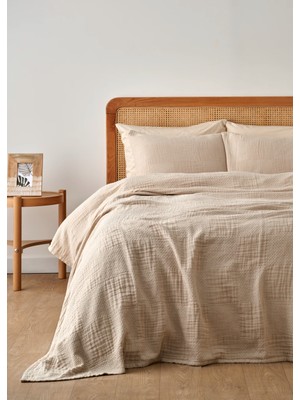 Bella Maison %100 Pamuk Liva Jakarlı Çift Kişilik Yatak Örtüsü Seti Bej (240X260 Cm)