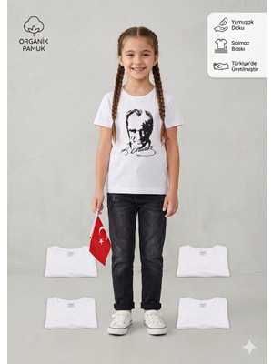 HaanBebe Atatürk Baskılı Çocuk Tişört - Milli Bayramlara Özel Beyaz Pamuklu Unisex Tişört
