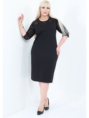 Modayız Siyah Flok Tül Detaylı Büyük Beden Midi Elbise 16C-2778