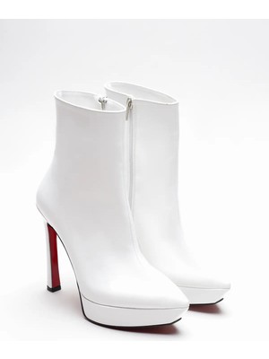 Ayakkabı Ateşi Kadın Fermuarlı Platform Topuklu Bot Pileras Beyaz Rugan