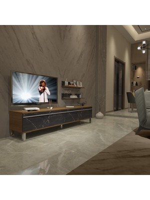 Decoraktiv Eko 4 Mdf Std Krom Ayaklı Tv Ünitesi Tv Sehpası - Ceviz Siyah Mermer