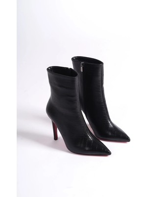 Ayakkabı Ateşi Siyah Kroko Desenli Rugan Stiletto Ince Topuklu Kadın Bot Togi