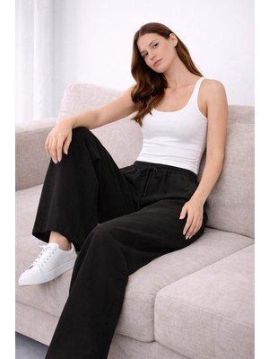İdol Kadın Tensel Kumaş Rahat Kesim Geniş Paça Pantolon Lastikli Bel Günlük Şık Model