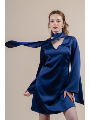 MissVina Saten Fular Detaylı Uzun Kollu Elbise 50360