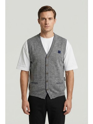 Sabri Özel Giotelli Erkek Gri-Lacivert Standart Fit Yün Karışımlı Düğmeli Triko Süveter