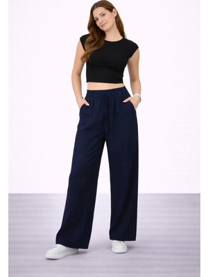 İdol Kadın Tensel Kumaş Rahat Kesim Geniş Paça Pantolon Lastikli Bel Günlük Şık Model