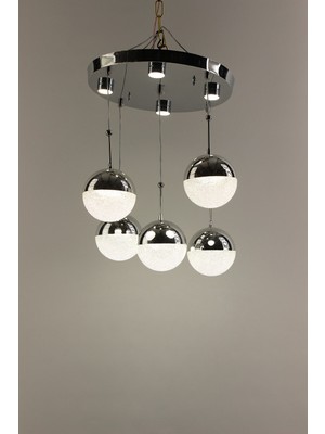 GN Gen Aydınlatma Gümüş Çemberli Seri Kristalize Küre Model 5li Modern LED Avize