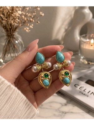 Bymiel Vintage Turkuaz Taş Detaylı Inci Aksesuarlı Gold Küpe (Kararmaz Alerji Yapmaz 316 Çelik)