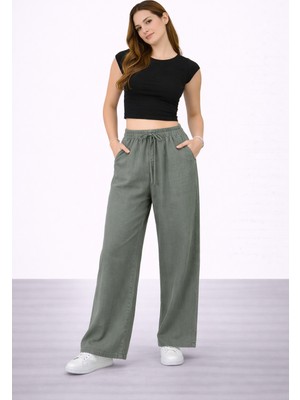 İdol Kadın Tensel Kumaş Rahat Kesim Geniş Paça Pantolon Lastikli Bel Günlük Şık Model