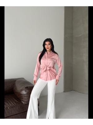 Dima Kadın Saten Dokulu Ön Düğüm Detaylı Klasik Yaka Uzun Kol Gömlek