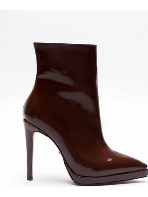 Ayakkabı Ateşi Kadın Sivri Burun Ince Topuklu Bot Accos Kahverengi Rugan