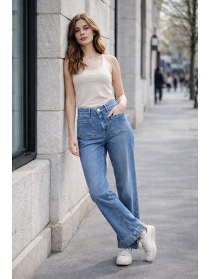 Rich Star Kadın Yüksek Bel Wide Leg Patch Cepli Bol Paça Jean Pantolon
