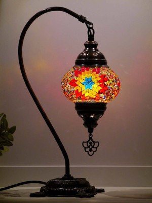 Deveboynu El Yapımı Mozaik Abajur Masa Lambası 42 cm Pirinç Gövde E14 Duy Dekoratif Otantik Vintage Aydınlatma