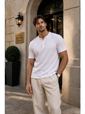 Valiberta Edgar Regular Fit 3 Düğmeli Pat Flamlı Suprem Kumaş Pis Yaka Erkek T-Shirt - Beyaz