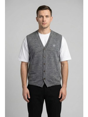 Sabri Özel Giotelli Erkek Gri Melanj Standart Fit Yün Karışımlı V Yaka Düğmeli Triko Yelek