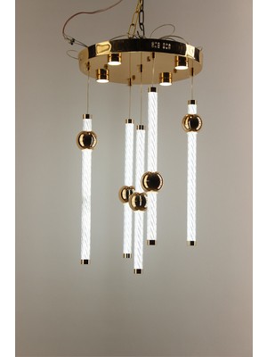 GN Gen Aydınlatma Lüks Gold Çemberli Seri 5li Çizgili Cam Silindir Modern Küre Detaylı Avize