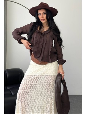Dima Kadın Balon Kol Fırfır Yaka Dokulu Crop Bluz