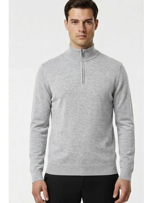 Sabri Özel Siyah Regular Fit Pamuklu Fermuarlı Yarım Balıkçı Yaka Erkek Triko Kazak