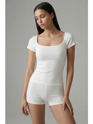 Feu De Elu Cotvie Ekru Pamuklu Kare Yaka T-Shirt