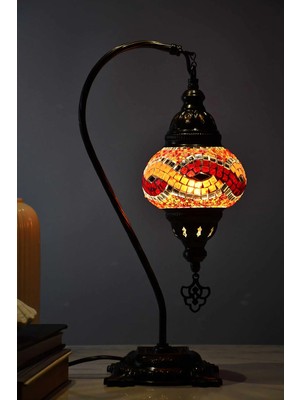 Deveboynu El Yapımı Mozaik Abajur Masa Lambası 42 cm Pirinç Gövde E14 Duy Dekoratif Otantik Vintage Aydınlatma