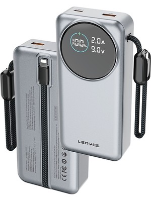 Lenyes PX2004D Dijital LED Ekranlı Lightning Kablolu Powerbank 22.5W 20.000MAH Gümüş