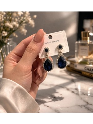 Bymiel Lacivert Damla Taşlı Zirkon Detaylı Sallantılı Küpe (Kararmaz Alerji Yapmaz 316 Çelik)