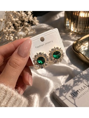 Bymiel Zümrüt Taşlı Işıltılı Çiçek Desenli Kadın Küpe (Kararmaz Alerji Yapmaz 316 Çelik)