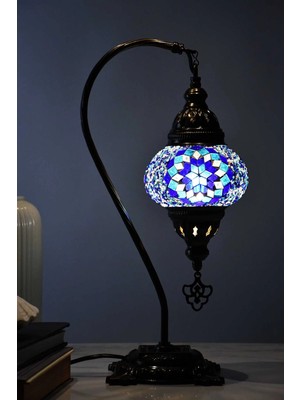 Deveboynu El Yapımı Mozaik Abajur Masa Lambası 42 cm Pirinç Gövde E14 Duy Dekoratif Otantik Vintage Aydınlatma