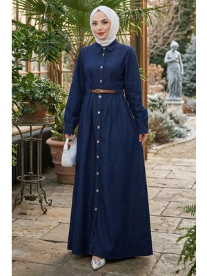Hafsa Mina Boydan Düğmeli Kemerli Kot Elbise Koyu Mavi HM2899