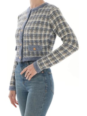 Qoolest Mavi Ekose Triko Crop Ceket