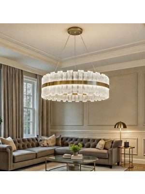 Vav Avize Lüks Kristal Gold Halka LED Avize Luxury LED Avize Üç Işık Renk Seçenekli Modern Salon Avizesi