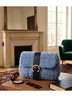 İlke Çanta Dünyası Ilke Çanta Dünyası Mavi-Gri Teddy Peluş Kadın Deri Detay Askılı El ve Omuz Çantası - Günlük ve Şık Kombin Çantası