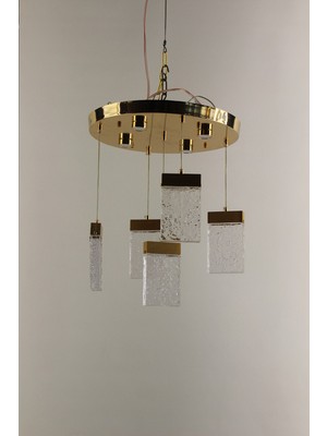 GN Gen Aydınlatma Gold Çemberli Seri Dikdörtgen Jöle Model 5li Balonlu Kristal LED Avize