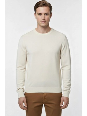 Sabri Özel Ekru Regular Fit Pamuklu Bisiklet Yaka Erkek Triko Kazak