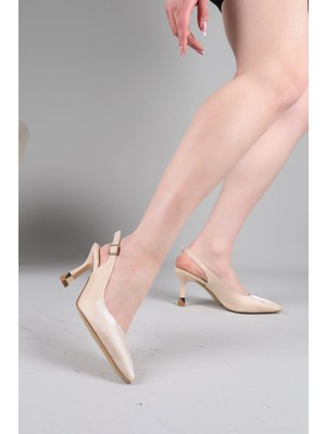 Birikon Narın Saten Topuklu Ayakkabı Bej