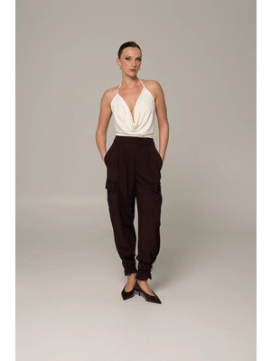 Thalure Kadın Bordo Paçası Bant Detaylı Pantolon