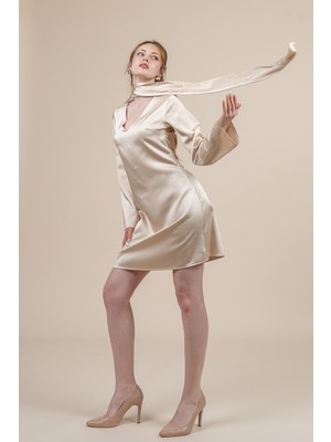 MissVina Saten Fular Detaylı Uzun Kollu Elbise 50360