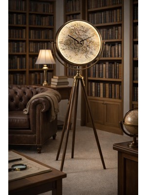 Mars Concept 3 Kademe LED Işıklı Çarklı Tripod Ayaklı Saat -Dünya Haritalı, Eskitme Metal Gövde, Ahşap Ayaklı
