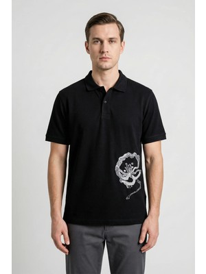 Sabri Özel Giotelli Erkek Siyah Dar Kesim Slim Fit %100 Pamuk Dokuma Düğmeli Nakışlı Polo Yaka Tişört