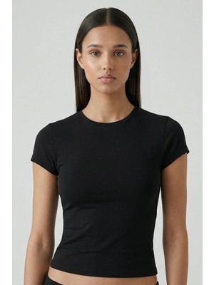 Feu De Elu Cotvie Siyah Pamuklu Bisiklet Yaka T-Shirt