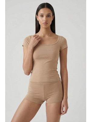 Feu De Elu Cotvie Kahve Pamuklu Kare Yaka T-Shirt