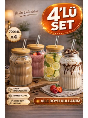 Open Home Concept 4 Adet Bambu Kapaklı Cam Pipet Hediyeli Cam Bardak Smoothie Kahve Detoks Içecek Bardağı 700 ml