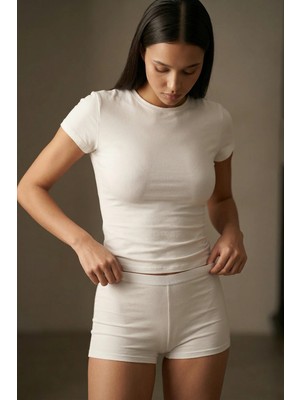 Feu De Elu Cotvie Ekru Pamuklu Bisiklet Yaka T-Shirt