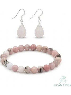 Uçan Geyik Pembe Kuvars Doğal Taş Küpe ve 8mm Bileklik Seti - Duygusal Huzur ve Sevgi Taşı  - Esnek Tasarım