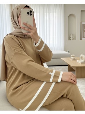 Modamorfo Manşetleri Şeritli Ikili Triko Takım  -Taba